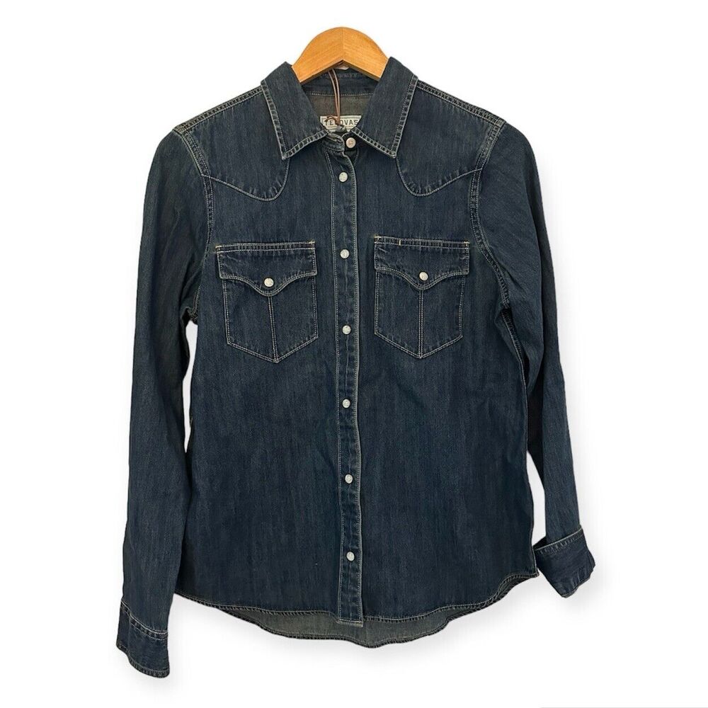 TECOVAS Womens Denim Shirt Small Button Up Long Sleeve Dark Wash Pearl Snap